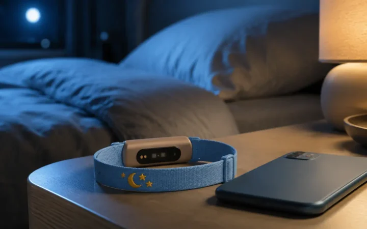 Light blue sleep tracker with moon and star motifs beside a bed