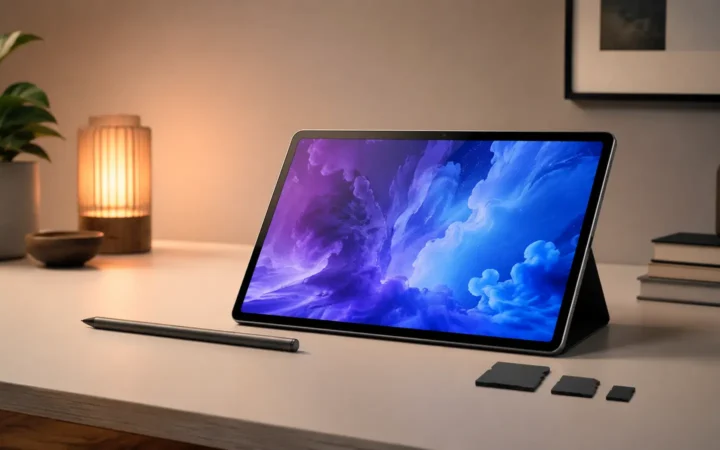 Premium 11-inch tablet with stylus and three storage cards on a minimalist desk