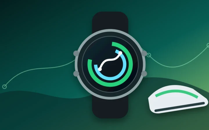 Round GPS running watch beside running shoes with a route and pace illustration