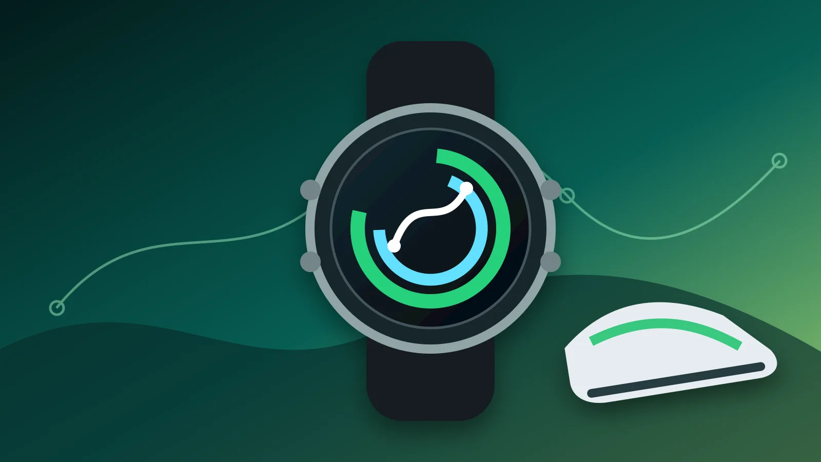 Round GPS running watch beside running shoes with a route and pace illustration