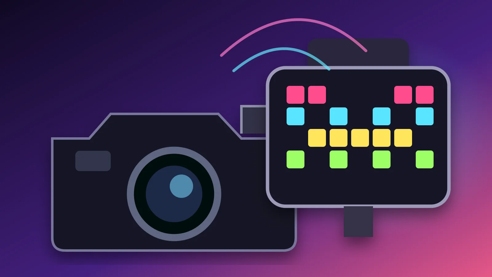 Tiny magnetic pixel display mounted on a camera beside colorful grouped studio lights