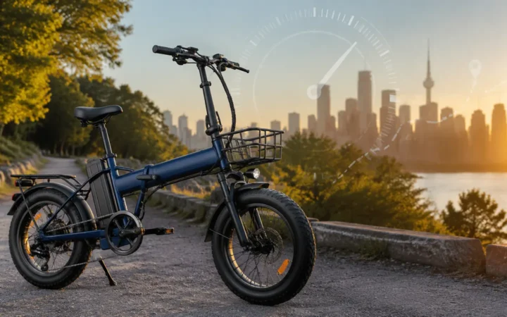 Dark blue folding fat-tire electric bicycle with a front basket parked beside an urban trail