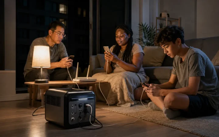 Diverse family using a portable battery power station for a lamp, router and phones during an outage