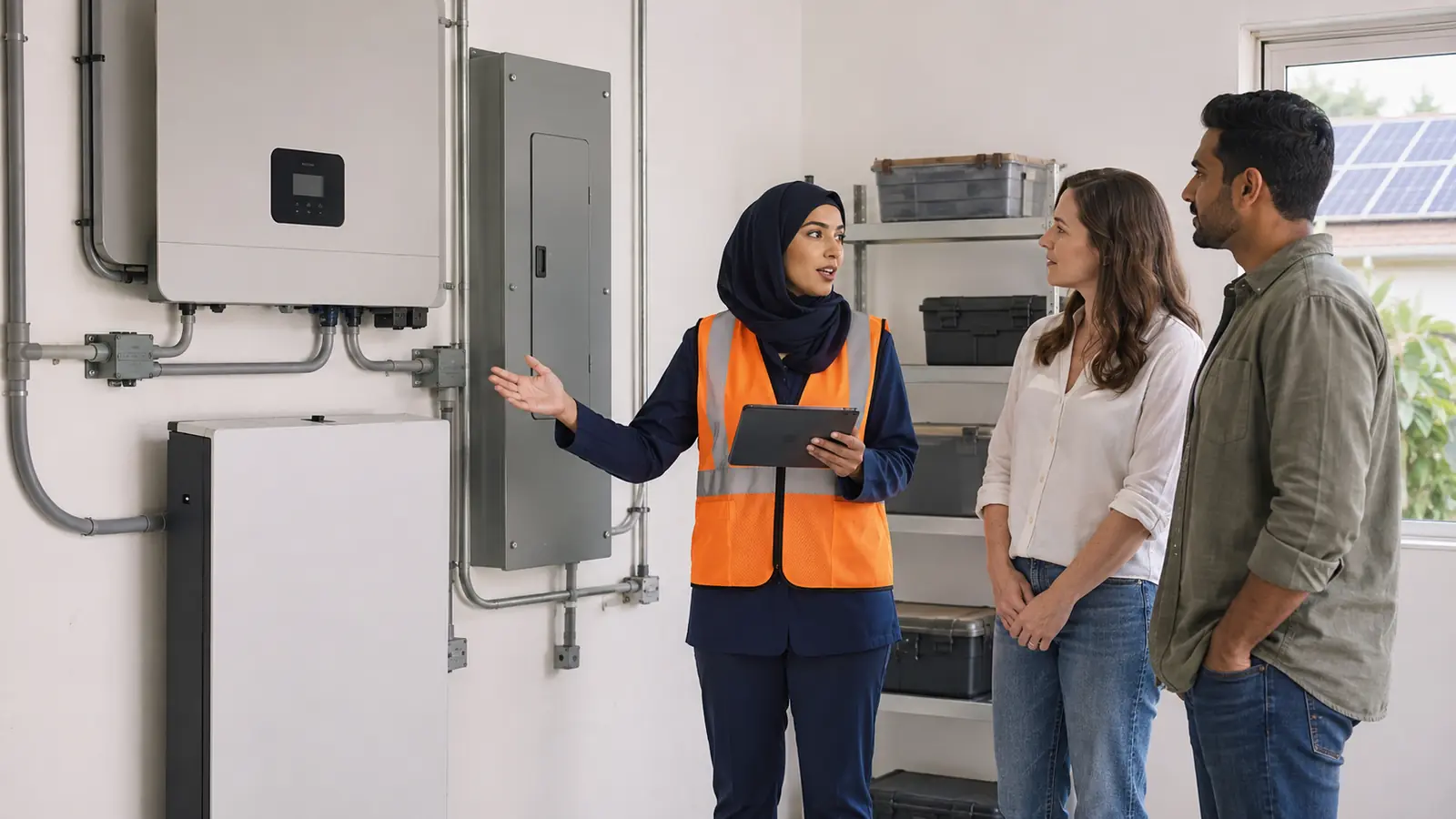 Electrical contractor explaining a wall-mounted home battery, inverter and closed critical-loads panel to homeowners