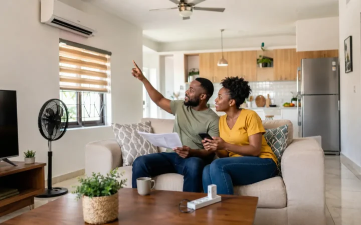 Ghanaian couple reviewing electricity use in a home with air conditioner, fan, LED lighting and efficient refrigerator