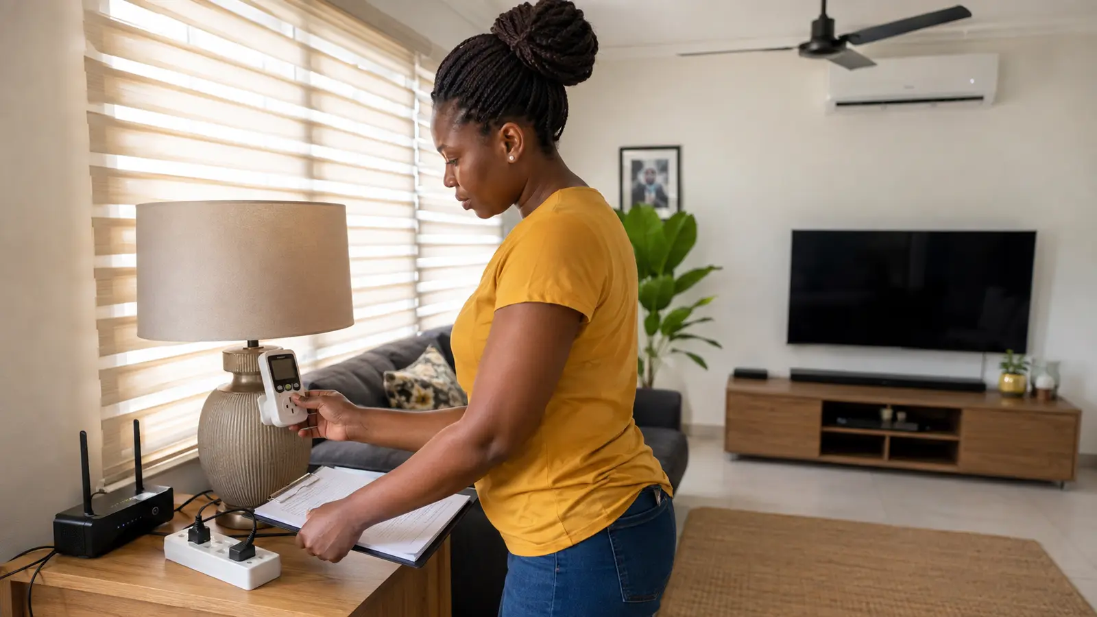 Ghanaian woman using a plug-in electricity monitor during a room-by-room home energy audit