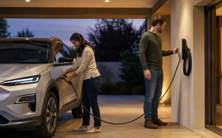 Diverse couple connecting an electric crossover to a professionally installed wall charger at dusk