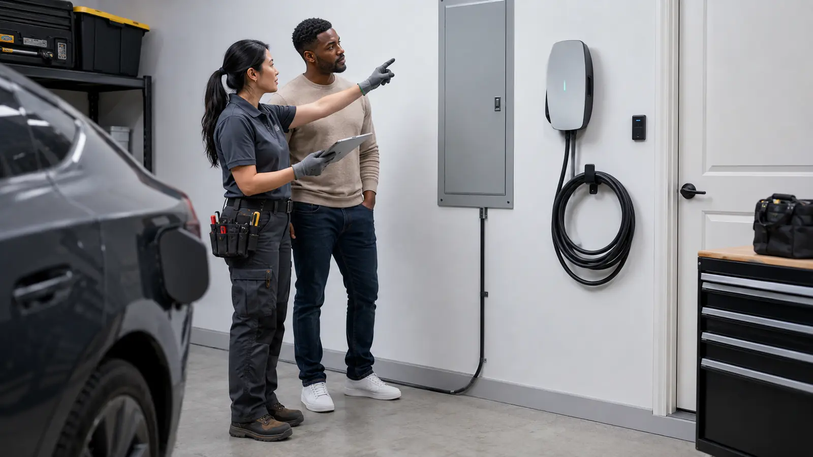 Female electrician explaining a closed electrical panel and wall-mounted EV charger to a homeowner
