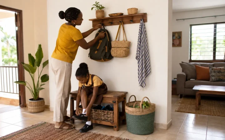 African family organizing a bright home entry with baskets, hooks, shoe storage and a clear walkway
