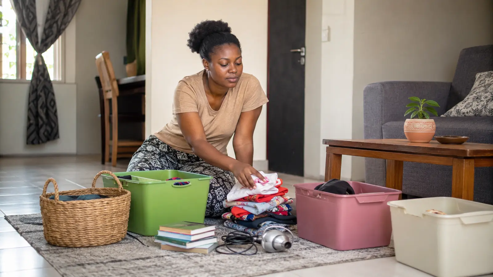 Ghanaian woman sorting household items into keep, donate and repair groups using plain reusable containers