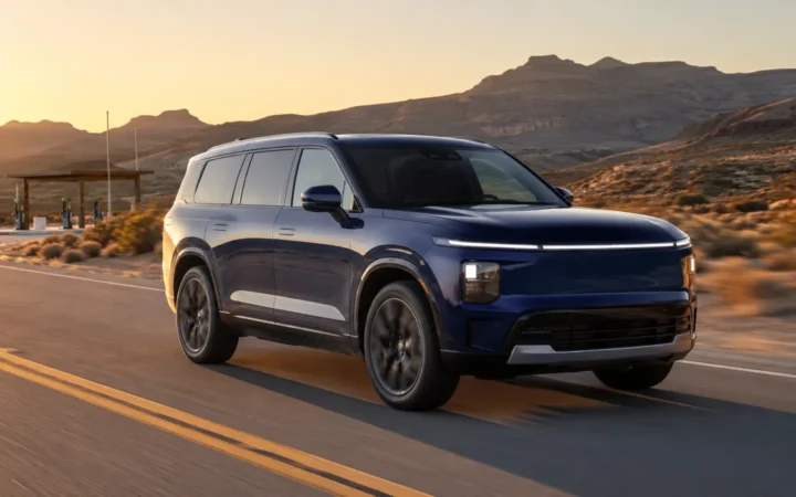 Original blue three-row range-extended electric SUV driving on a desert highway at sunset