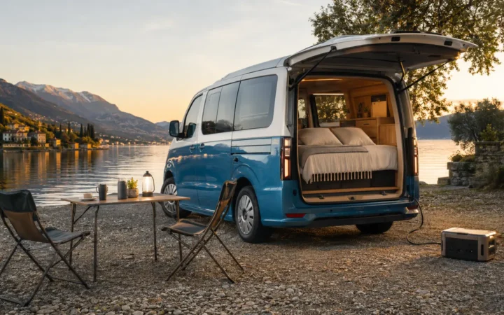 Blue and white electric camper van with a two-person bed, table and chairs beside a European lake