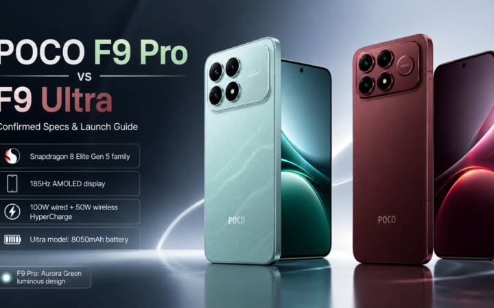 POCO F9 Pro and POCO F9 Ultra smartphones shown side by side in Aurora Green and deep cherry finishes for a specs and launch comparison