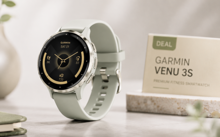 Garmin Venu 3S smartwatch with light-colored band displayed in a premium studio setting for a smartwatch deal