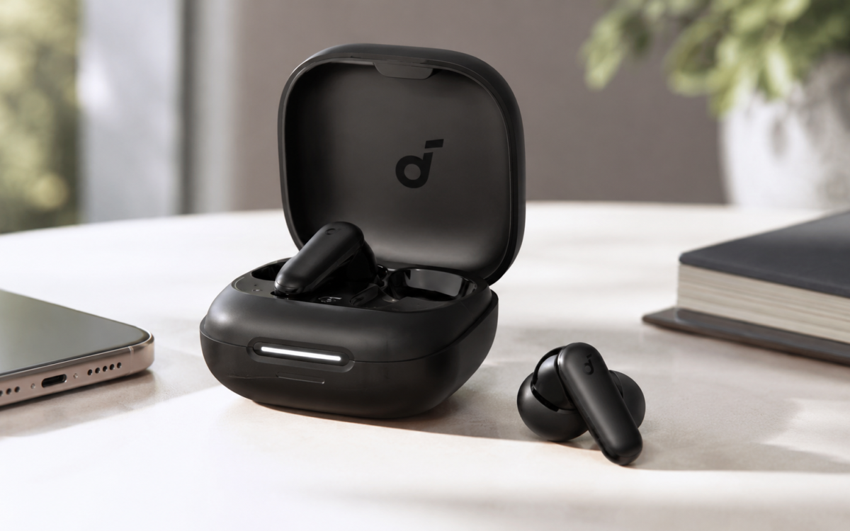 Soundcore P42i true wireless earbuds with black charging case displayed on a modern desk