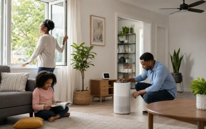 African family ventilating a bright living room while using a properly placed portable air cleaner