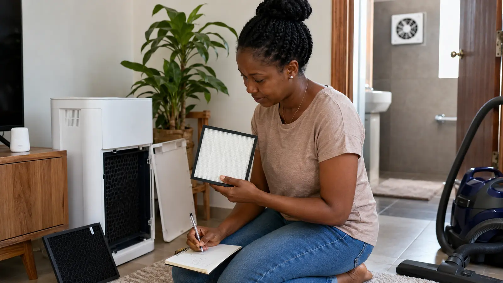 Ghanaian woman inspecting a replacement air-cleaner filter and recording its maintenance date
