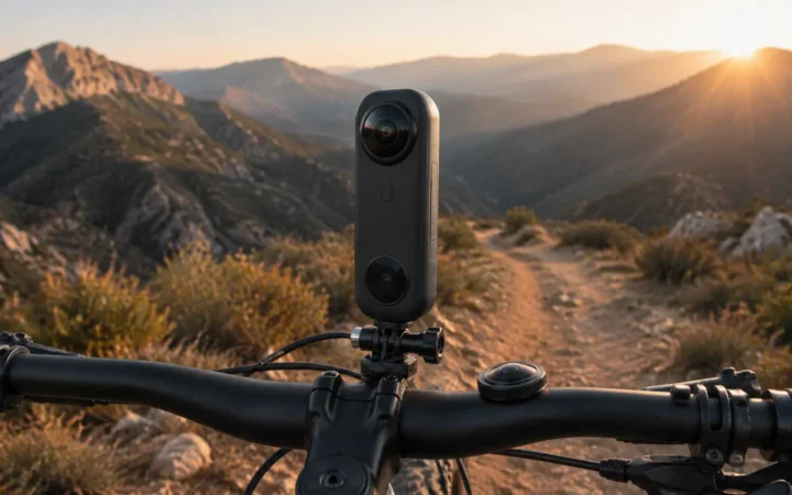 Dual-lens 360 action camera mounted on a mountain-bike handlebar with a spare lens element nearby