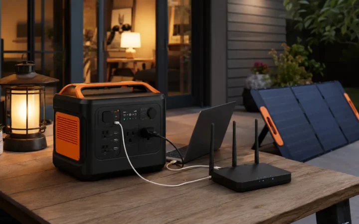 Compact black and orange portable power station running a lamp, router and laptop beside a solar panel
