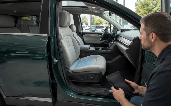 Modern electric SUV with front passenger door open and an illustrated seat sensor inspection area
