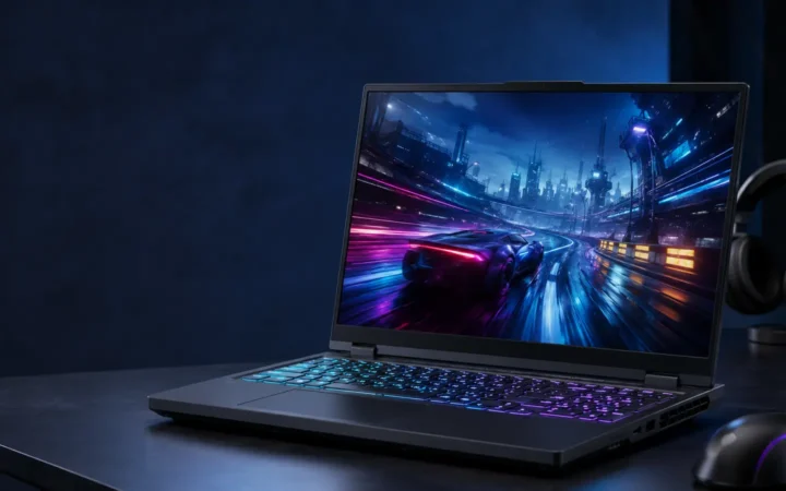 Black 16-inch gaming laptop with a vivid racing scene and RGB keyboard