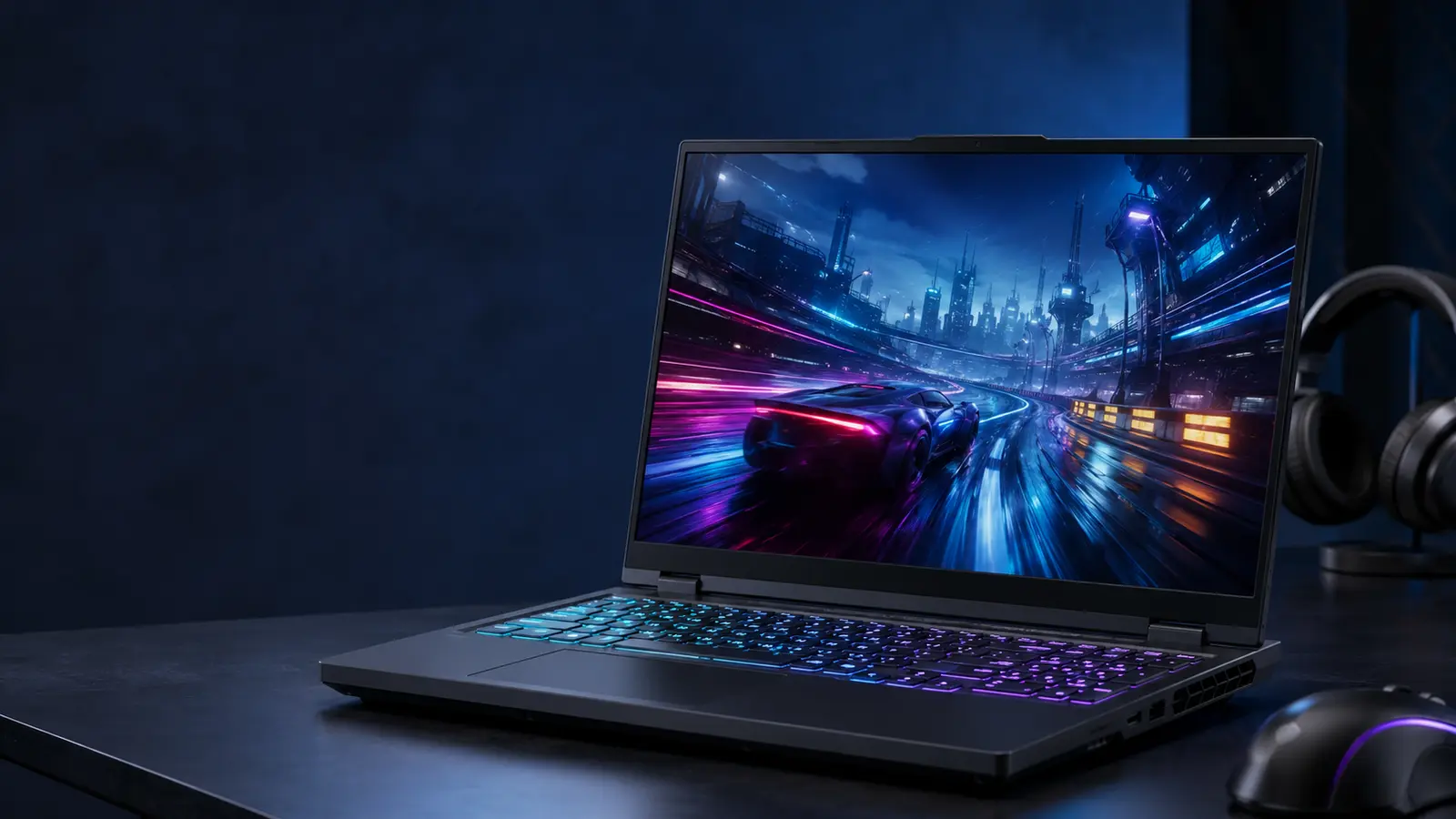 Black 16-inch gaming laptop with a vivid racing scene and RGB keyboard