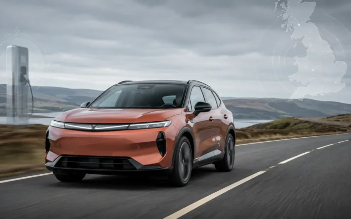 Copper compact electric SUV driving on a British countryside road with range and charging graphics