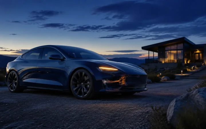 Luxury electric sedan parked outside at dusk with an illustrated lighting-circuit inspection area