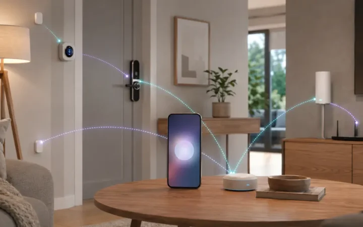 Smart home devices linked through a central Matter controller and Thread network
