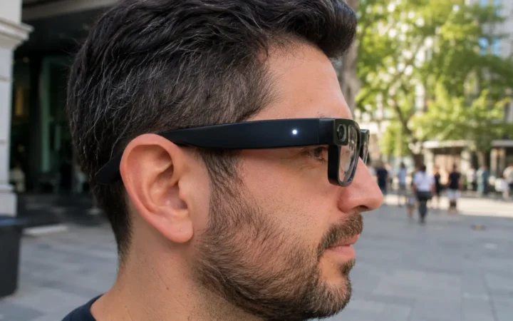Person wearing camera-equipped smart glasses with a visible white capture light