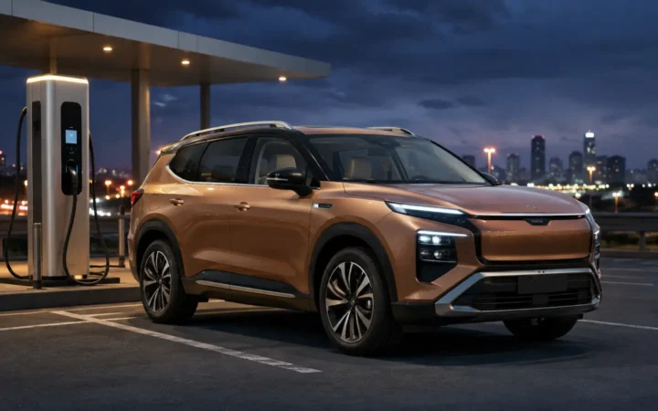 Editorial illustration of a three-row electric SUV at a charging station for the MG Hector Tomahawk guide