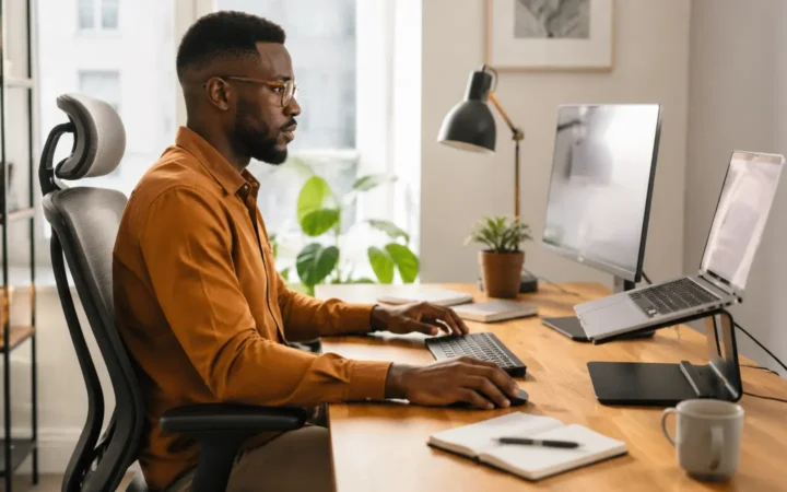 African professional working at an ergonomic home office desk with laptop stand, monitor, keyboard and task lamp