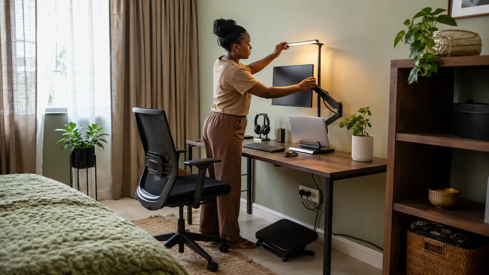 Ghanaian woman adjusting a monitor arm and task light in a compact bedroom home office