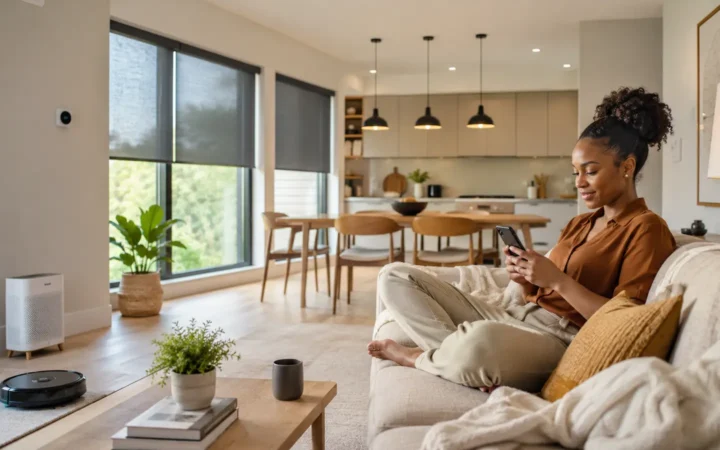 Woman using a smartphone in a modern living room with smart blinds, thermostat, air purifier and robot vacuum