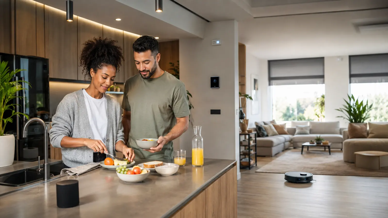 Couple preparing breakfast in a connected open-plan home while a robot vacuum cleans the living room