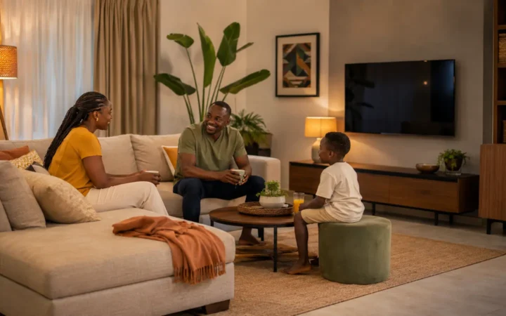 African family relaxing in a modern living room with modular sofa, layered lighting, plants, storage and safely mounted television