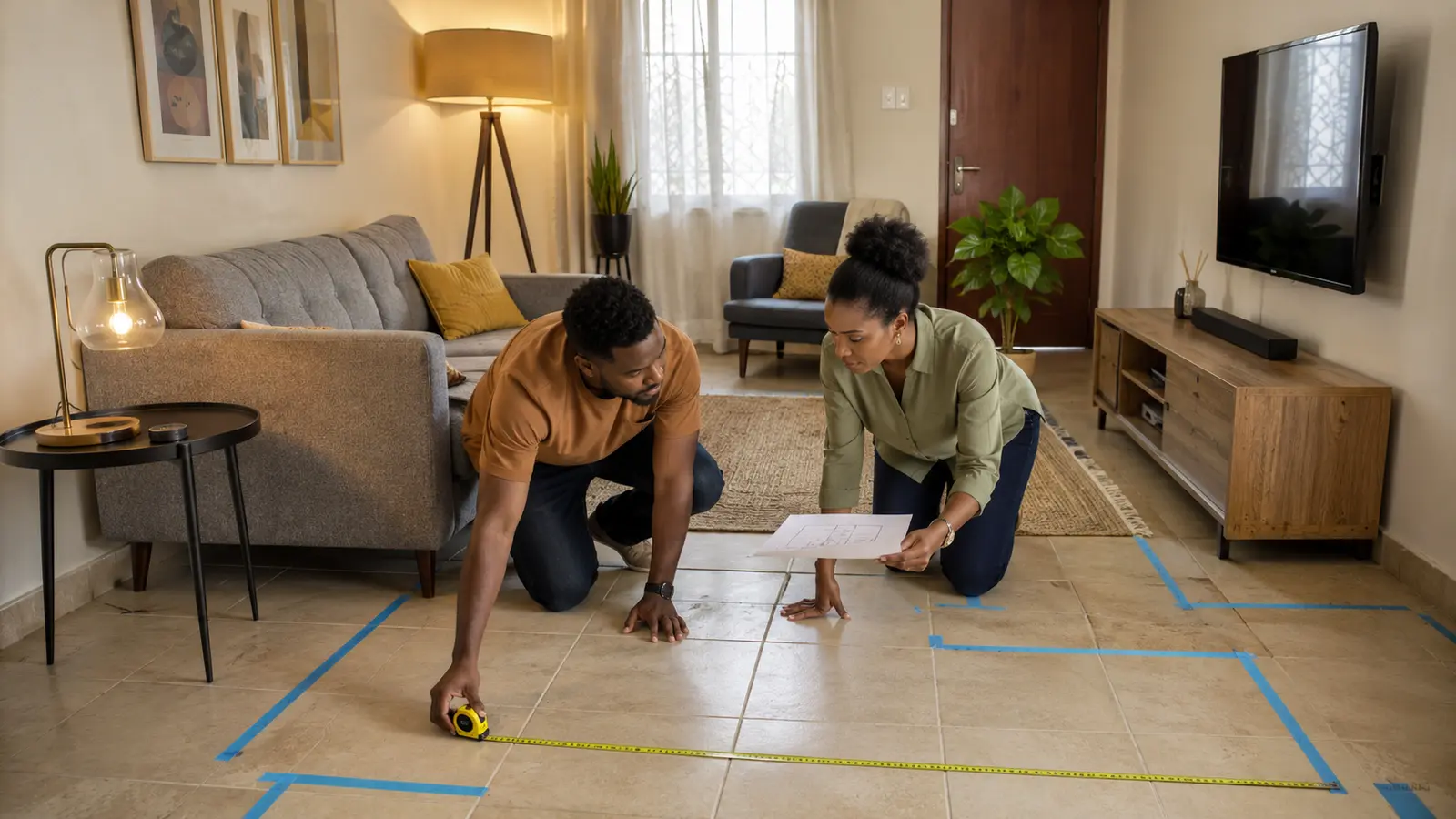 Ghanaian couple measuring a living room while arranging a sofa, side table, floor lamp and media console