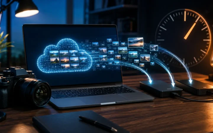 Camera and laptop transferring a cloud photo library to two external backup drives