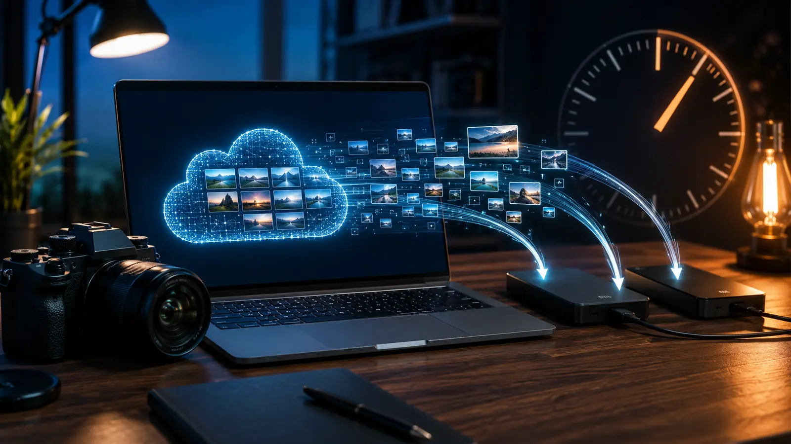 Camera and laptop transferring a cloud photo library to two external backup drives