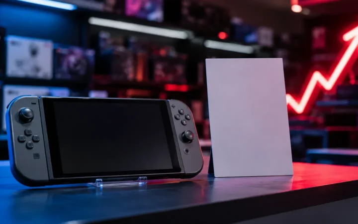 Modern handheld game console beside a blank retail card and an illuminated rising-price arrow