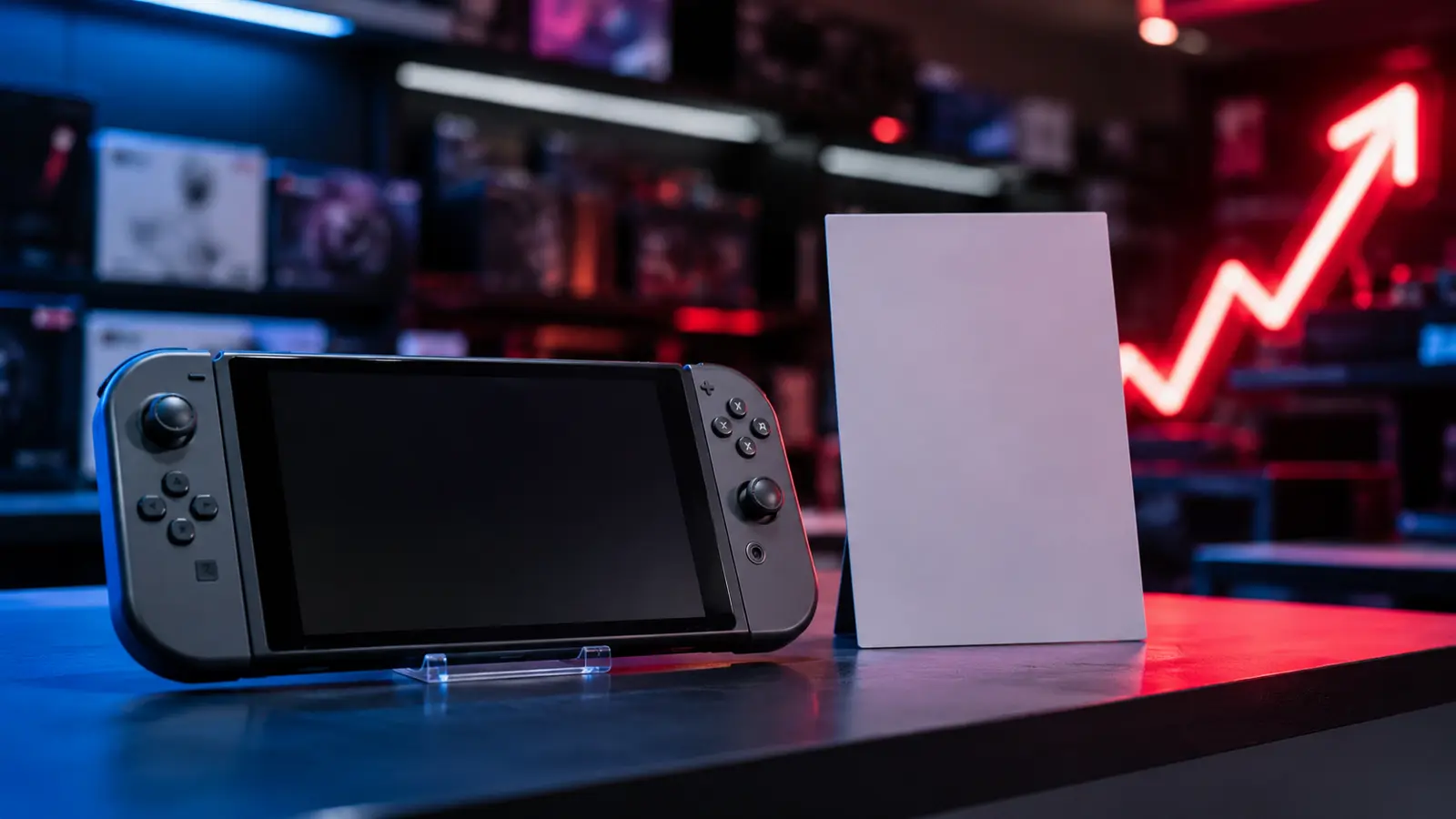 Modern handheld game console beside a blank retail card and an illuminated rising-price arrow