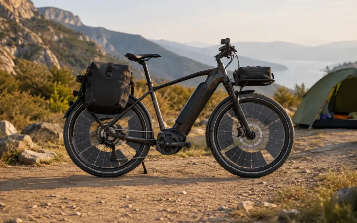 Touring electric bicycle with solar surfaces integrated into both wheels at a campsite