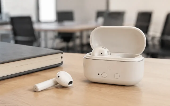 White wireless earbuds and a recording case on a meeting table for the Plaud One guide