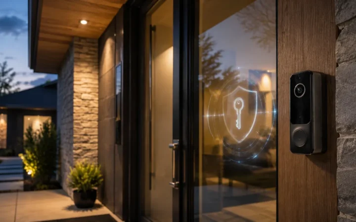 Video doorbell beside a modern home entrance with a subtle encryption shield reflection