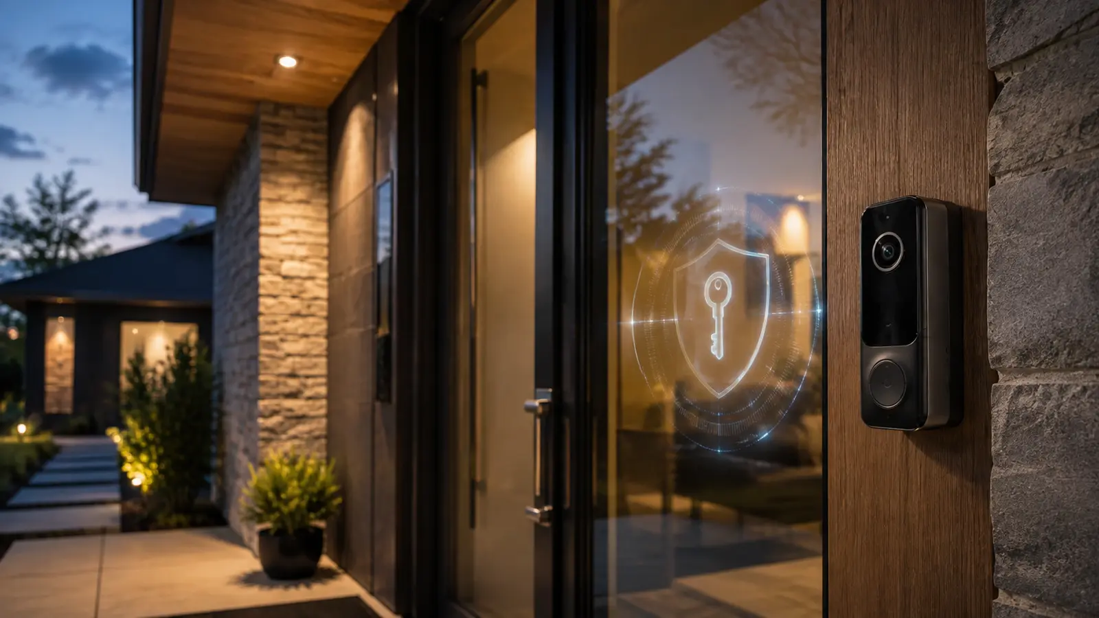 Video doorbell beside a modern home entrance with a subtle encryption shield reflection