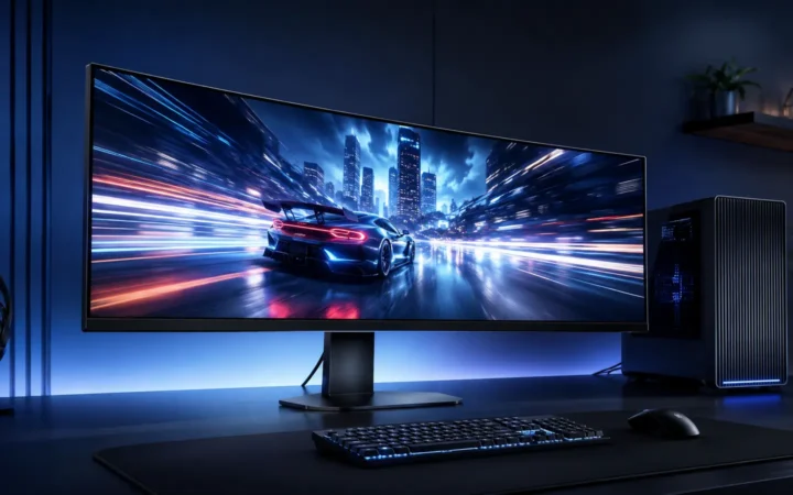 Ultrawide OLED gaming monitor in a premium gaming desk setup for the Samsung Odyssey guide