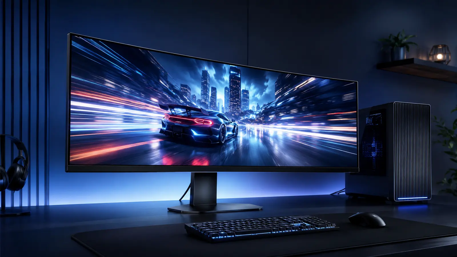 Ultrawide OLED gaming monitor in a premium gaming desk setup for the Samsung Odyssey guide