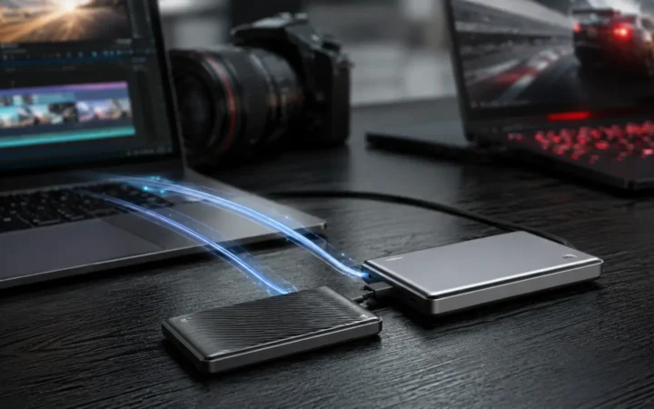 Two portable solid-state drives connected by USB-C cables to creator and gaming laptops