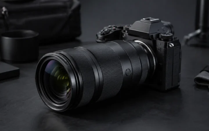 Compact black telephoto zoom mounted on a full-frame mirrorless camera