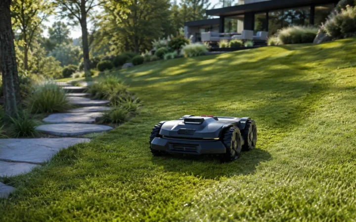 Wire-free robot lawn mower cutting a large green yard for the Navimow X430 deal guide